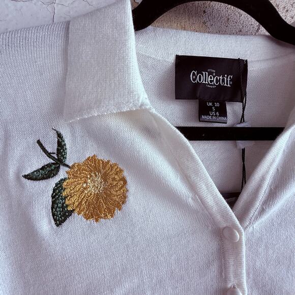 Cardigan Top Lemon Embroidered Short Sleeve Sweater Cropped Button Front Women 6 - Picture 2 of 7